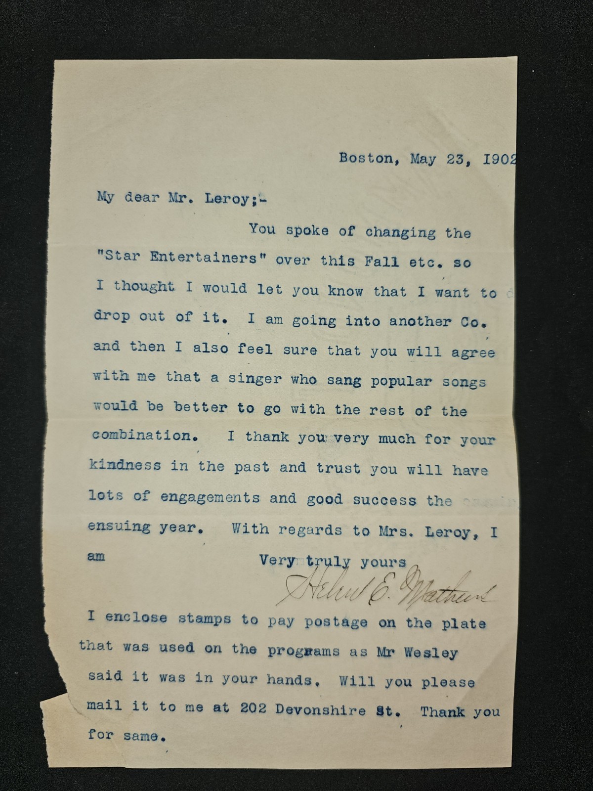 1902 Boston Vaudeville Letter Helen E. Mathews to Mr. Leroy “Star Entertainers”