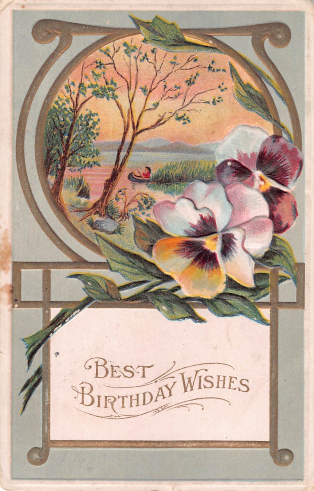 1913 Birthday Postcard of Pretty Pansies by a Scene of Boating on a River