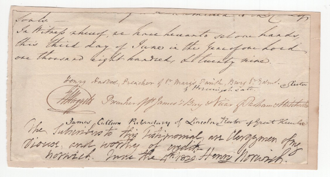 4 Clergy Signed Testimonial 1829 / Autographed Henry Bathurst, Henry Hasted, etc