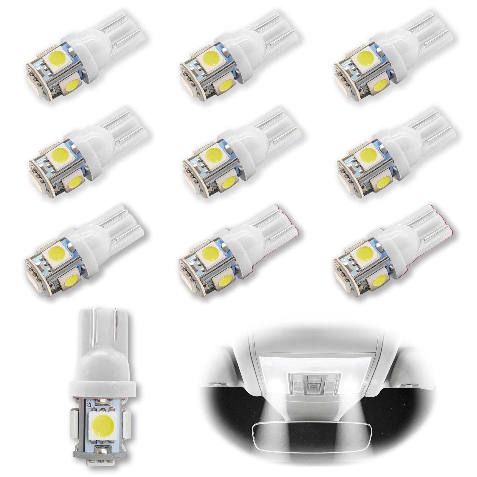 10PCS T10 194 LED Bulbs 6000K 5SMD 12V Replacement for Dome Map License Lights