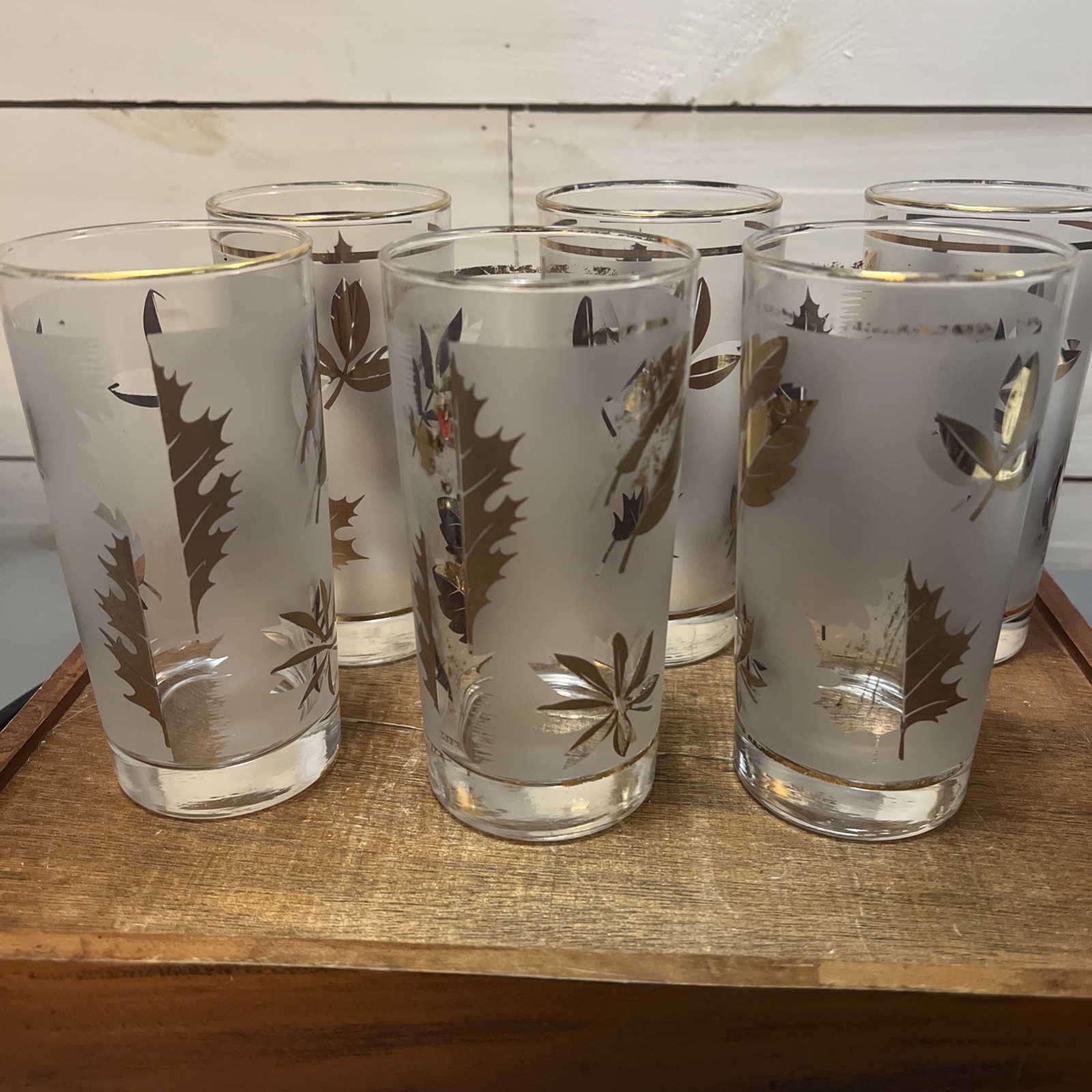 8 Vintage Libbey GOLDEN FOLIAGE Leaves Frosted Glass 12oz Tumblers 5.5\ 8 Vintage Libbey GOLDEN FOLIAGE Leaves Frosted Glass 12oz Tumblers 5.5\
