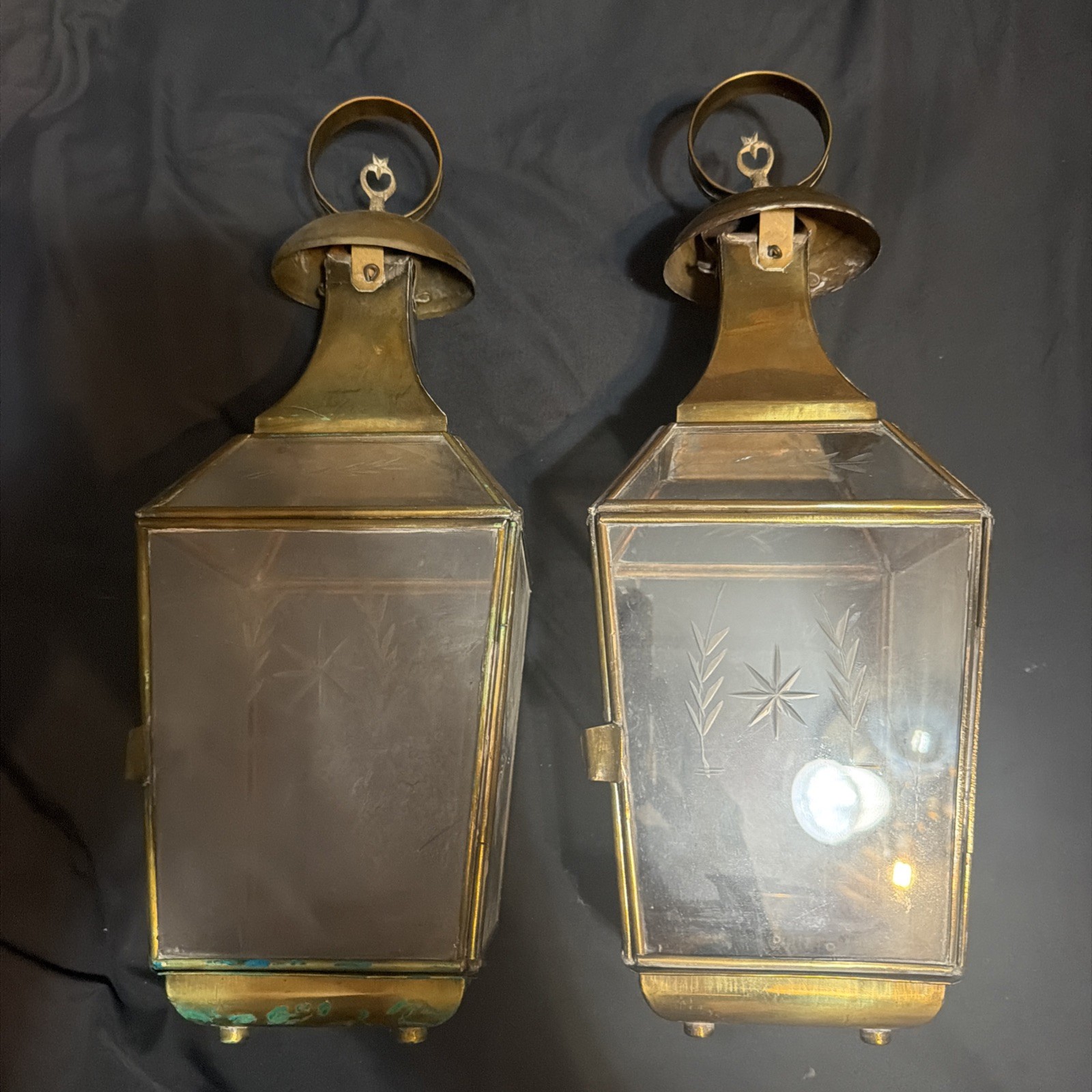Pair of Vintage Etched Glass Starburst Brass Hexagonal Lanterns candle holders Pair of Vintage Etched Glass Starburst Brass Hexagonal Lanterns candle holders