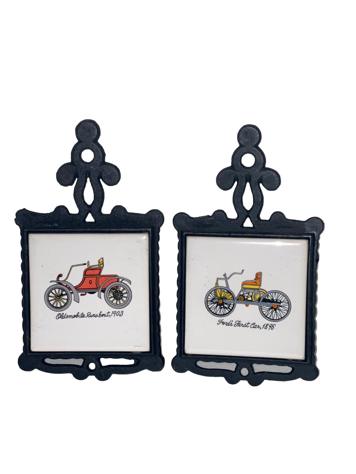 2 Vintage Taiwan Cast-Iron And Tile Trivet Trivets Antique Cars ￼#1 