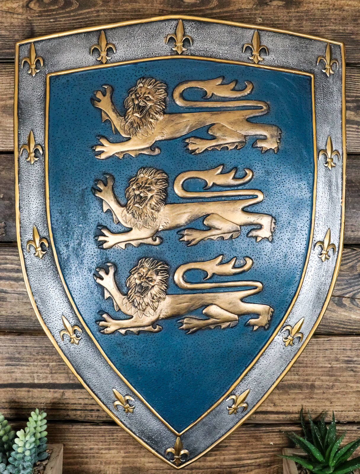 Large Medieval Knight Royal Arms Of England Three Lions Shield Wall Plaque 18