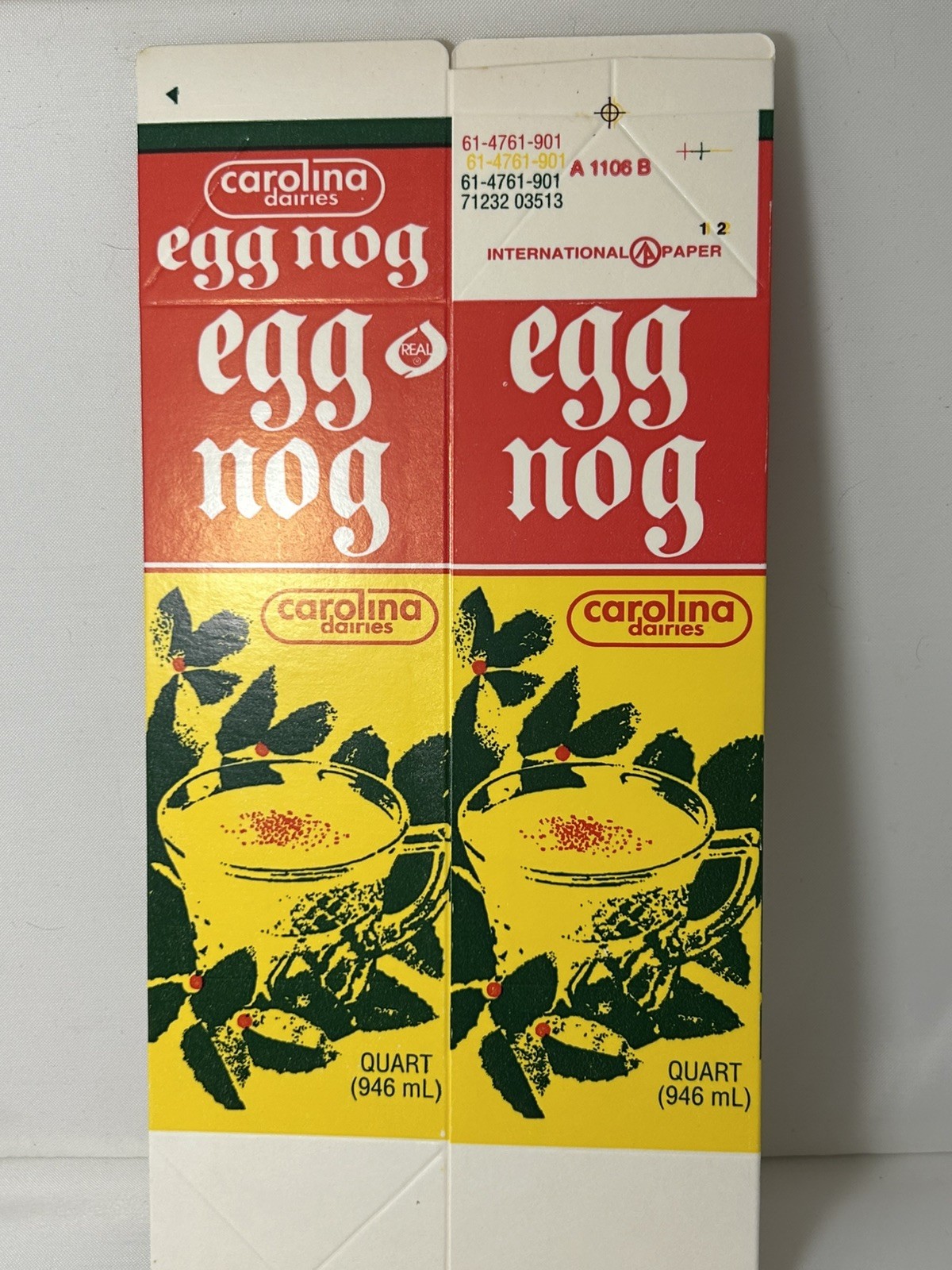 Vintage Qt  Carton Eggnog Carolina Dairies Kinston NC