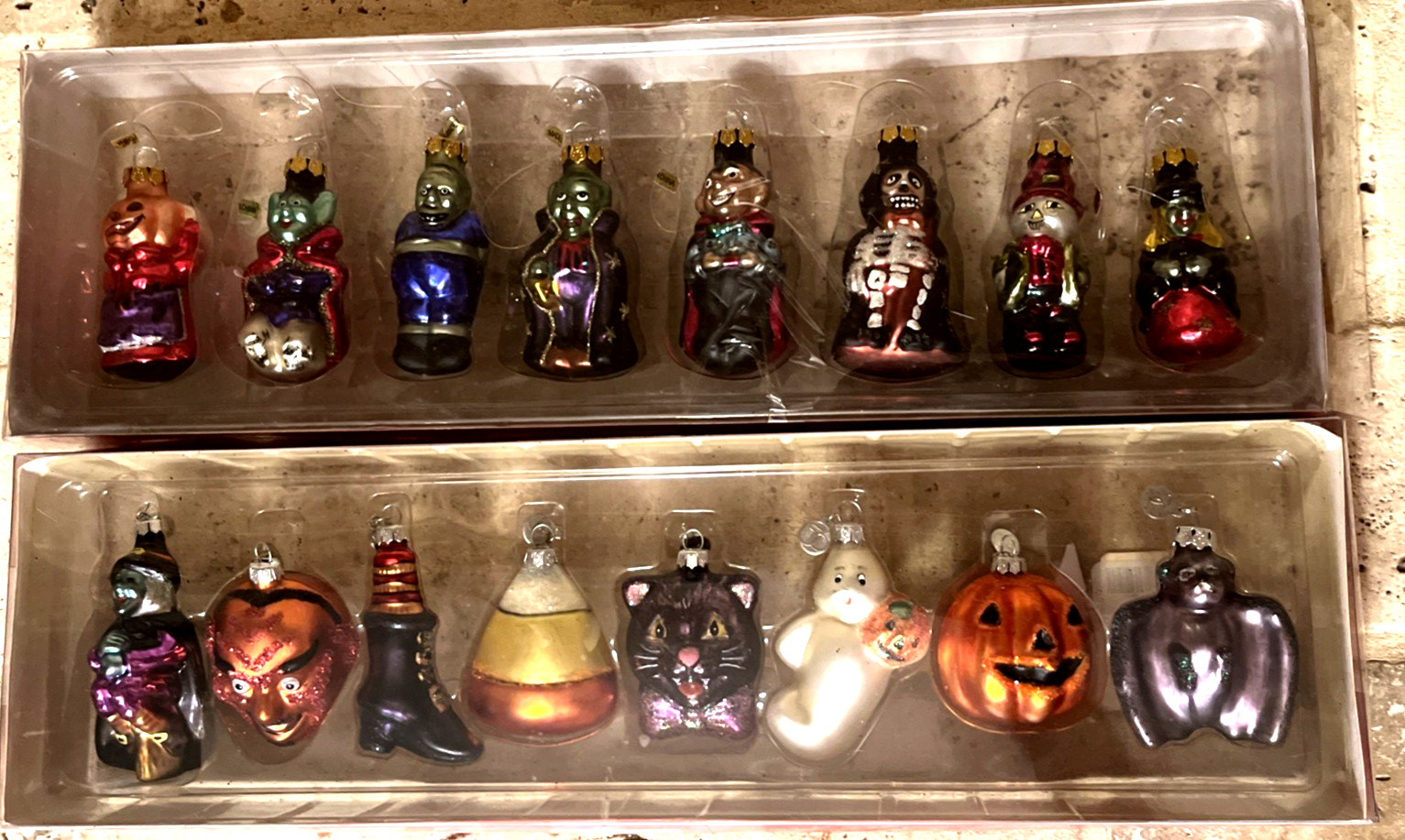Dept 56 Halloween Blown Glass Ornaments Set of 16:  Witch Frankenstein Dracula+