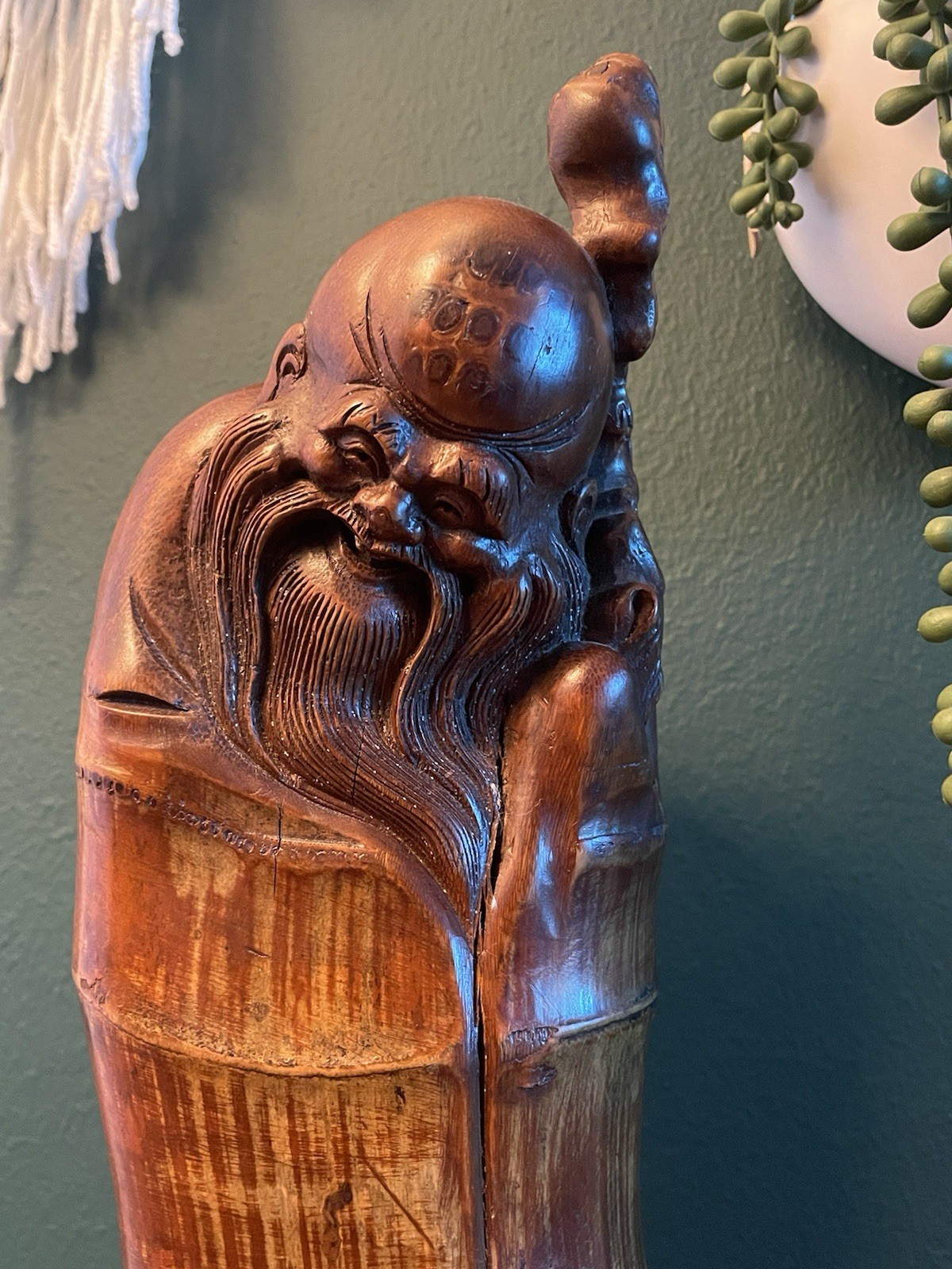 Vintage Large 14” Tall Antique Bamboo Root Carving of God Of Longevity/Wisdom