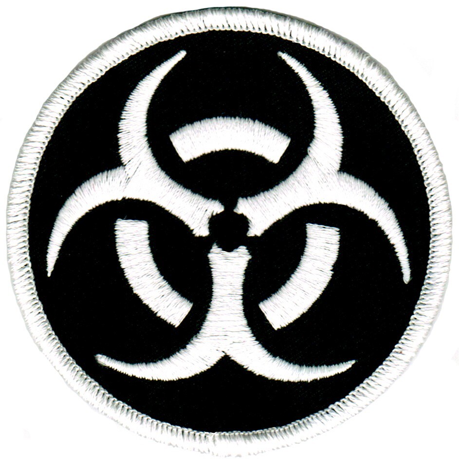 BIOHAZARD SYMBOL embroidered iron-on PATCH WHITE BLACK applique WARNING SIGN new