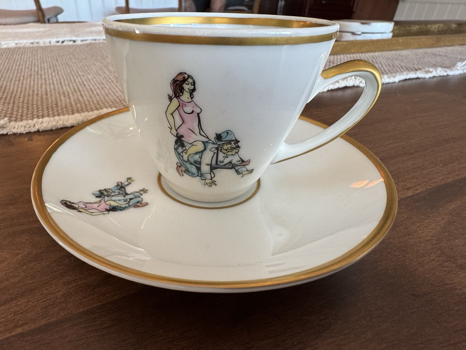 Art Deco Risqué Bohemian Demitasse Cup & Saucer 1920 Gilt Porcelain Set of Five 