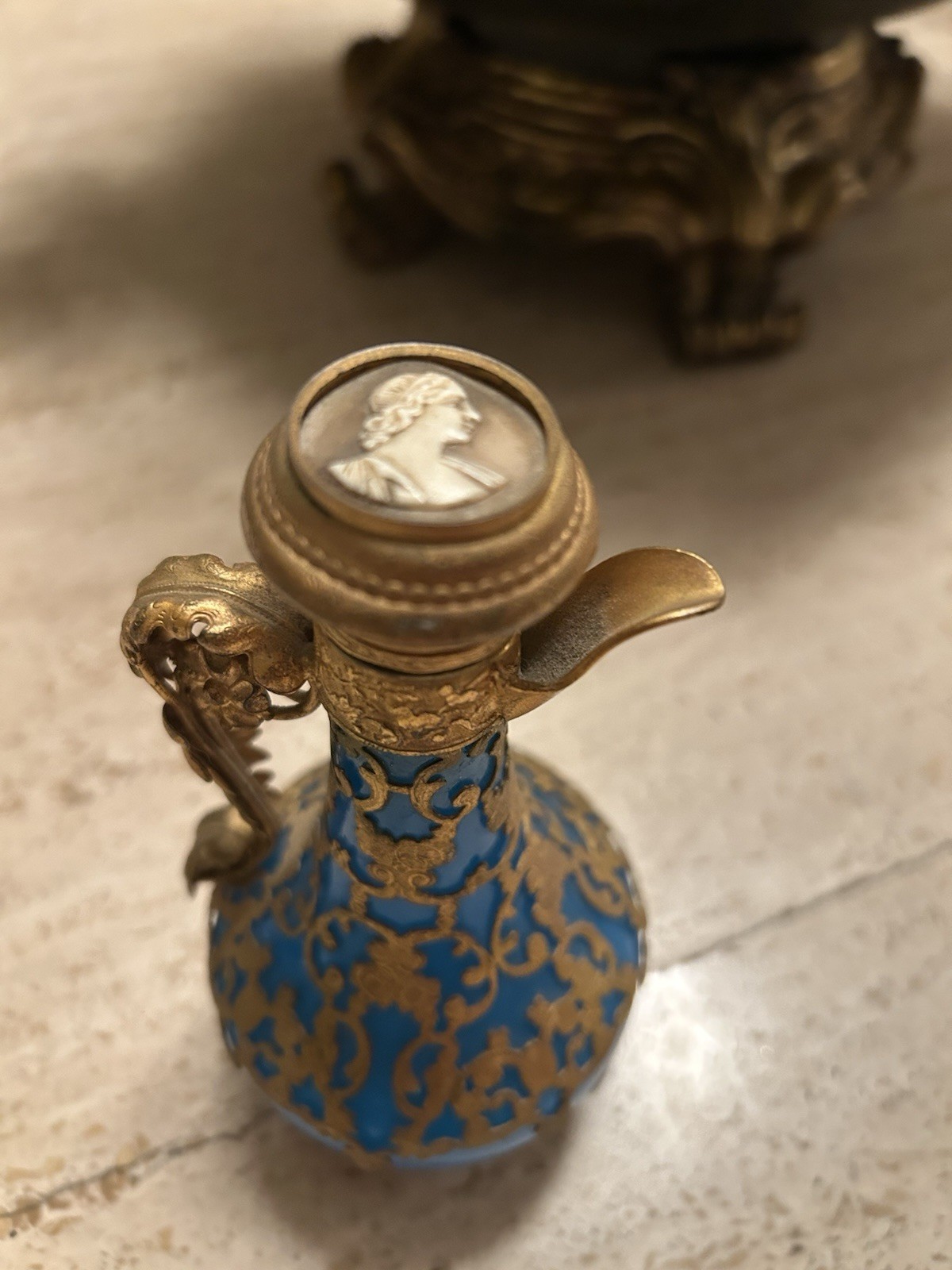 19C French Palais Royal Blue Opaline Perfume Bottle /Cameo Top