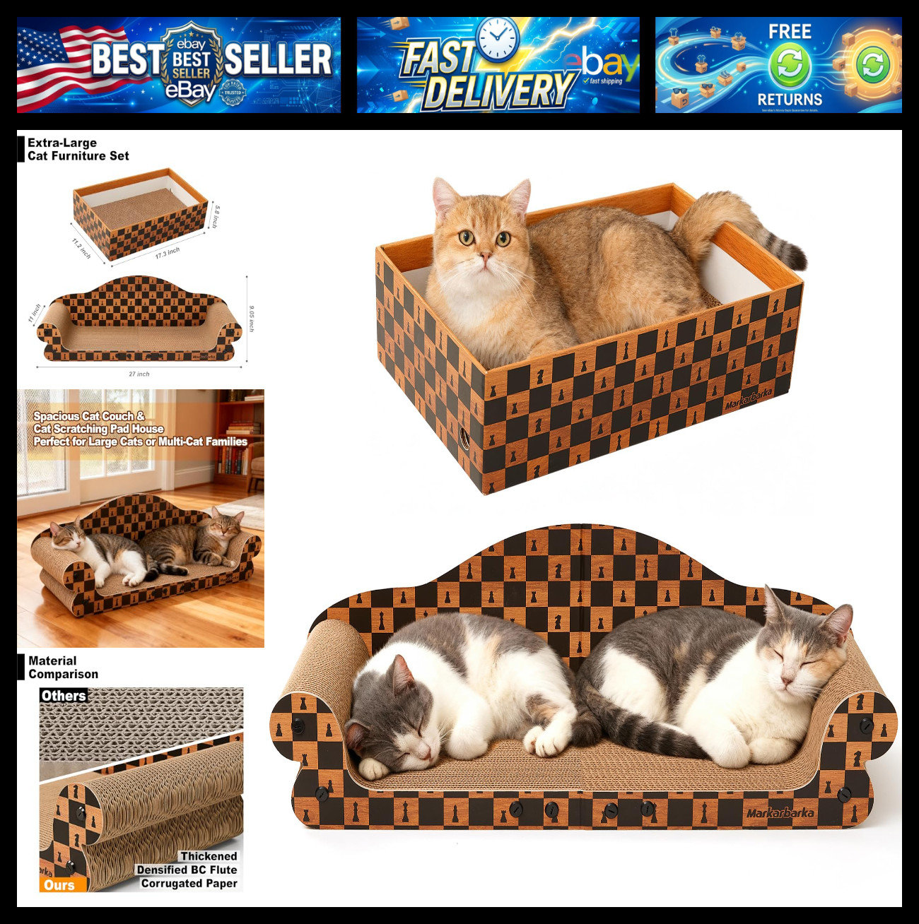 27 Inch Cat Couch Scratcher, Large Cardboard Box with Durable Scratch Pad for Ca
