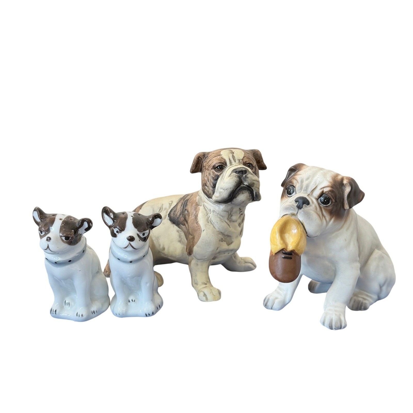 Vintage Bulldog Ceramic Figurine Set of 4- Salt Pepper Shakers Japan Brown