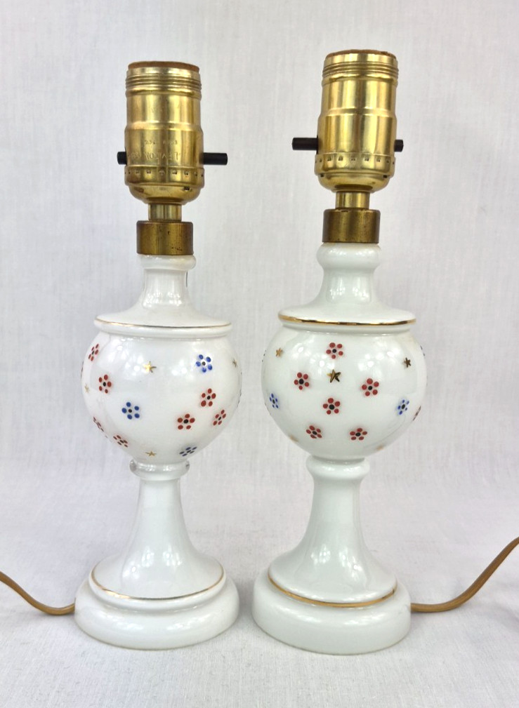 Vintage Czech Bohemian Cased Glass Table Lamps Enamel Floral Milk Opaline Pair