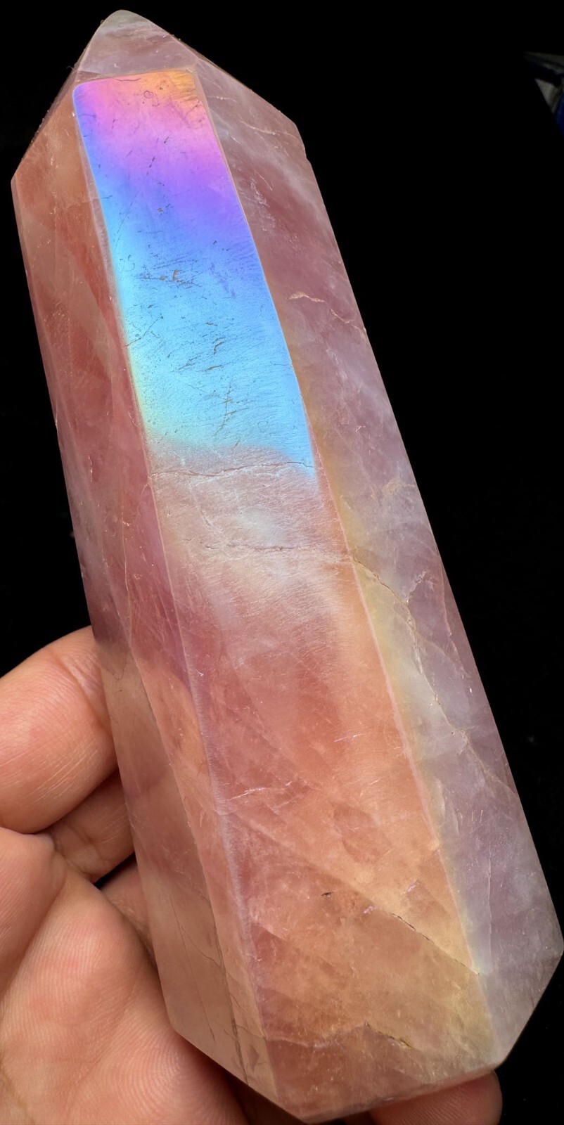 508g Angel Aura Pink Rose Quartz Crystal Platinum &Silver Coated Rainbows s767