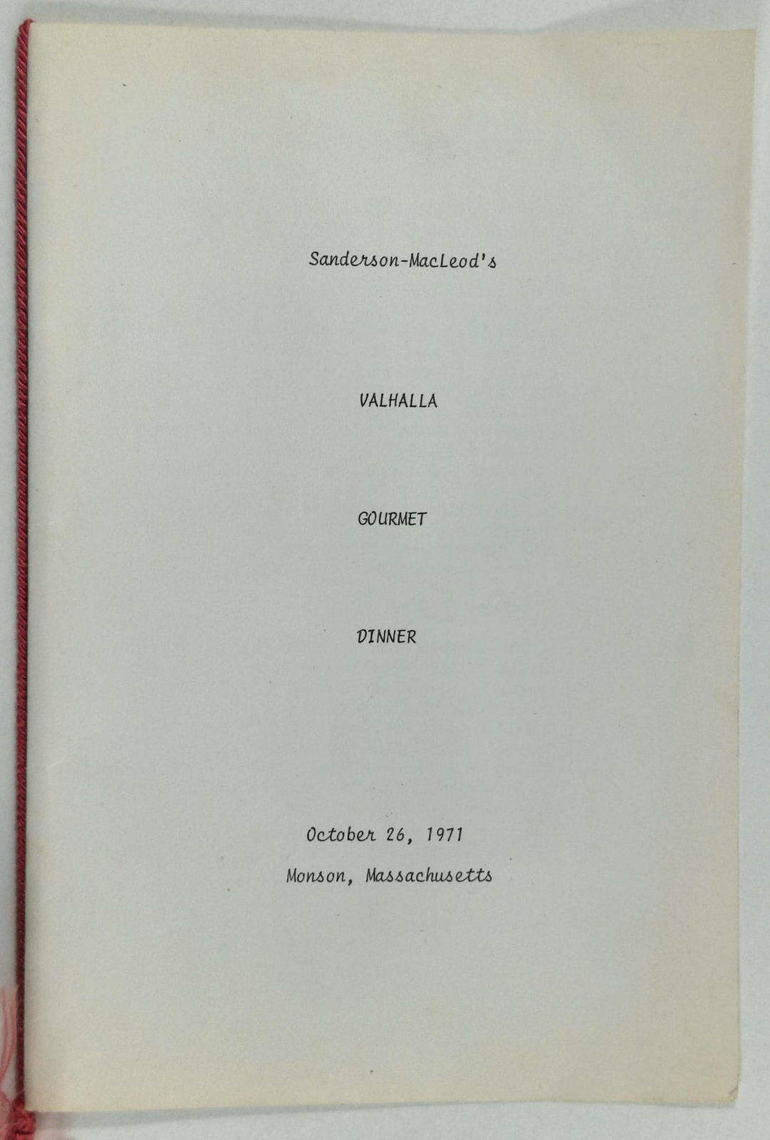 1971 Vtg GOURMET DINNER Menu Sanderson Macleod\'s VALHALLA Restaurant Monson MA