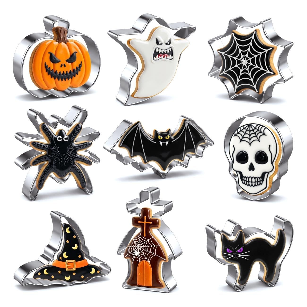 Halloween Cookie Cutters Set 9 Pieces, Metal Shapes 9, Silver