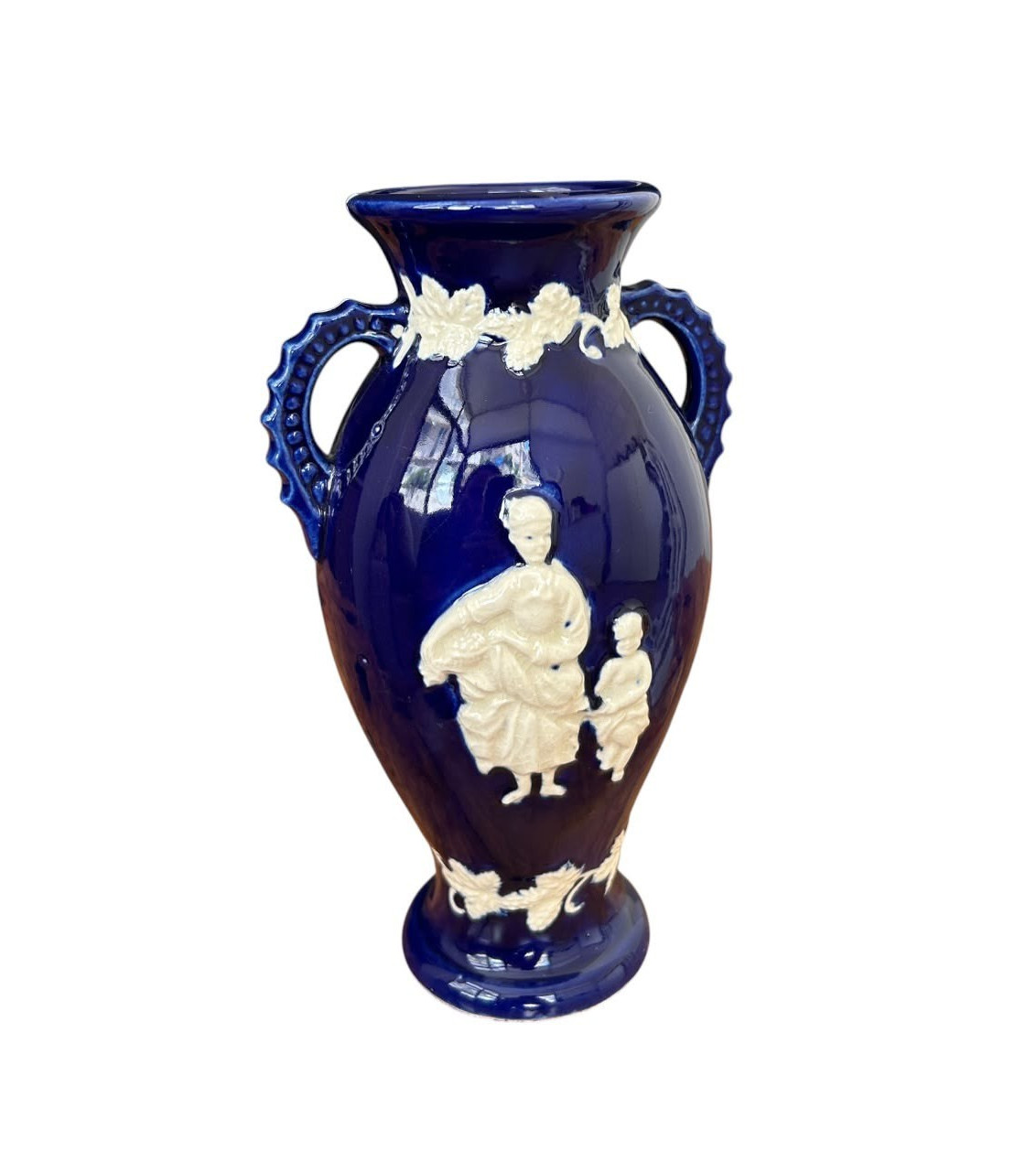 Vintage Cobalt Blue Jasperware Style Vase Figural Double Handles Japan 7.5”