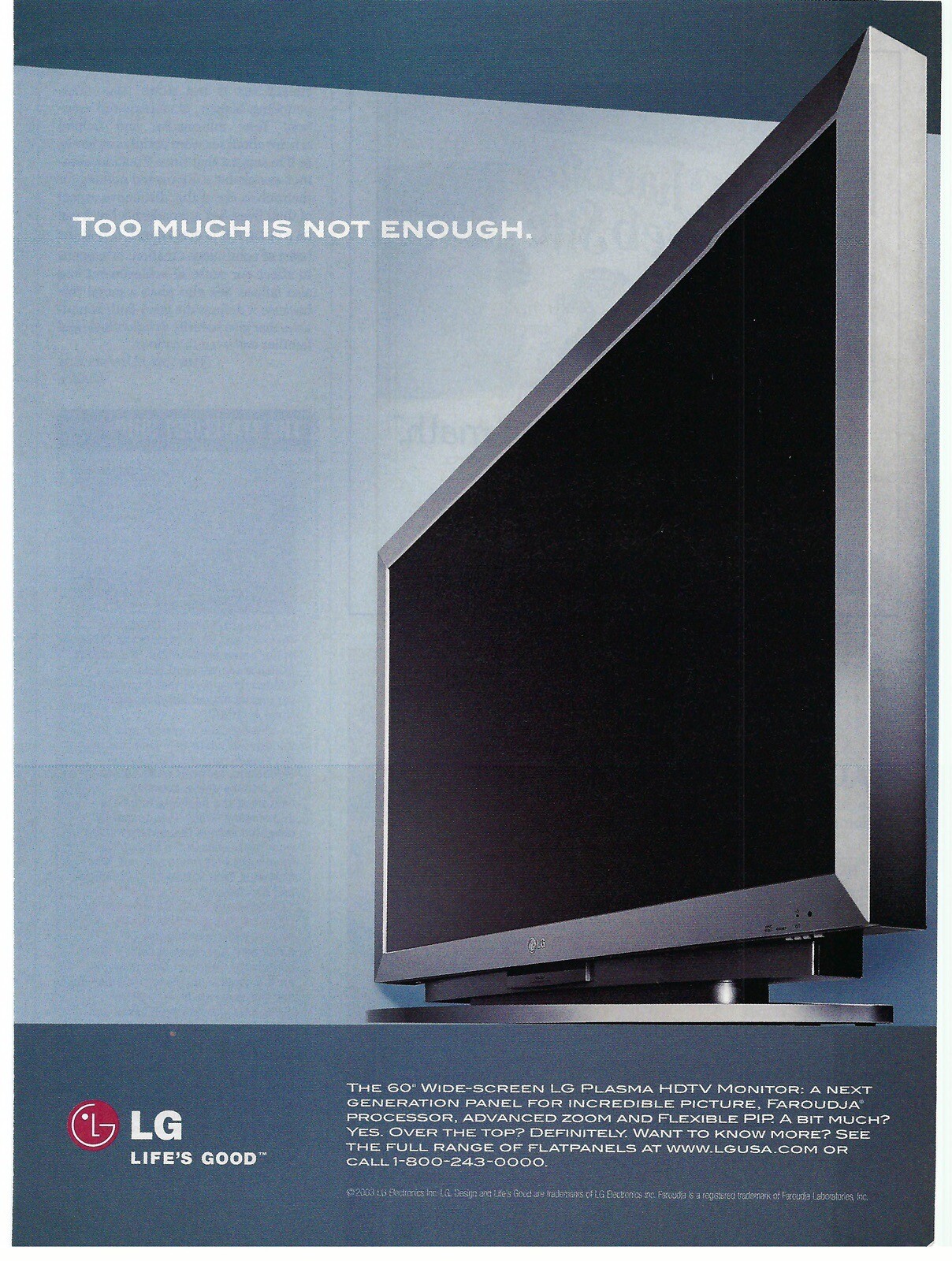 2004 LG Wide-Screen Plasma HDTV Monitor 60”Faroudja Processor Print Ad/Poster