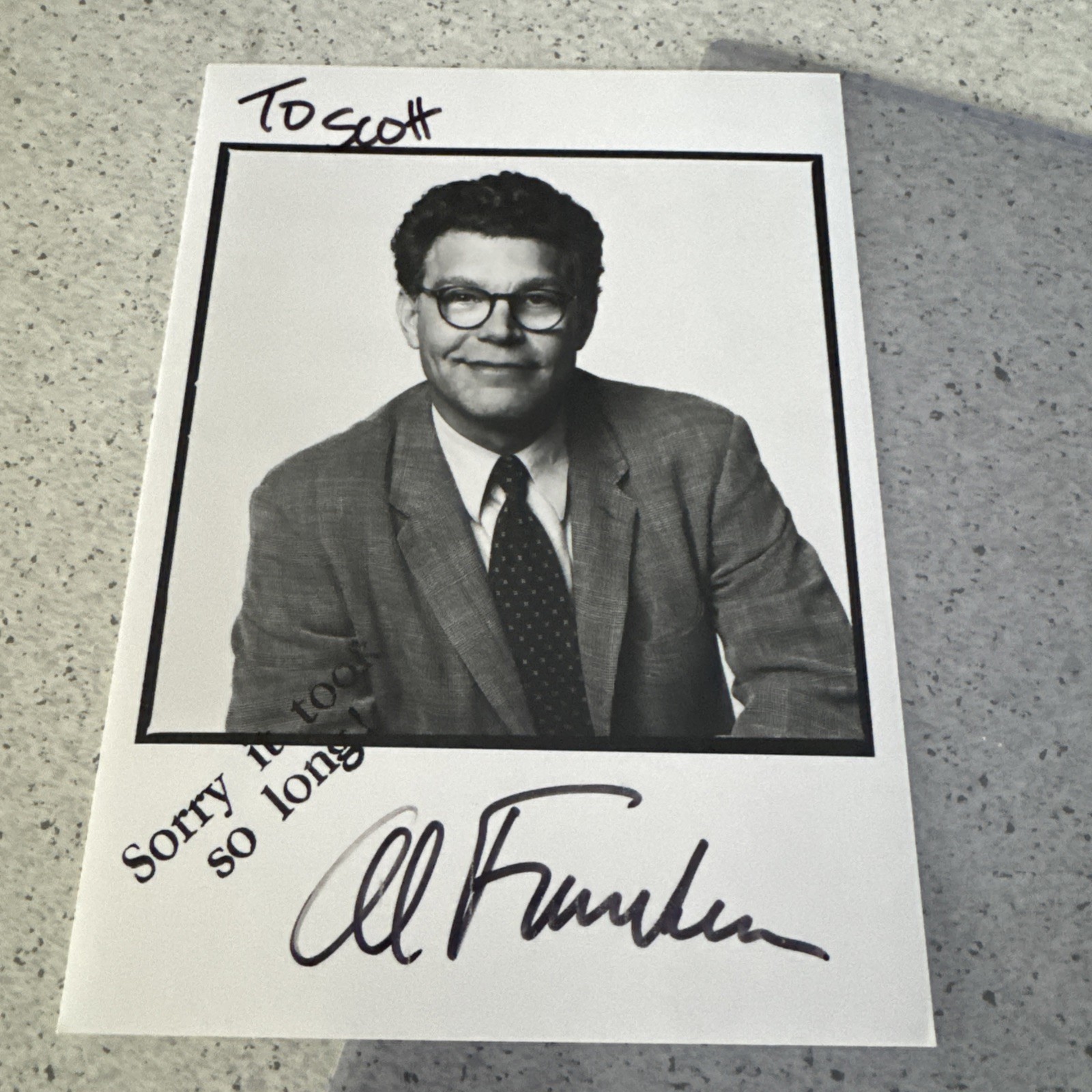 Al Franken vintage signed Black Sharpie 5x7 photograph B&W Inscribed To Scott Al Franken vintage signed Black Sharpie 5x7 photograph B&W Inscribed To Scott