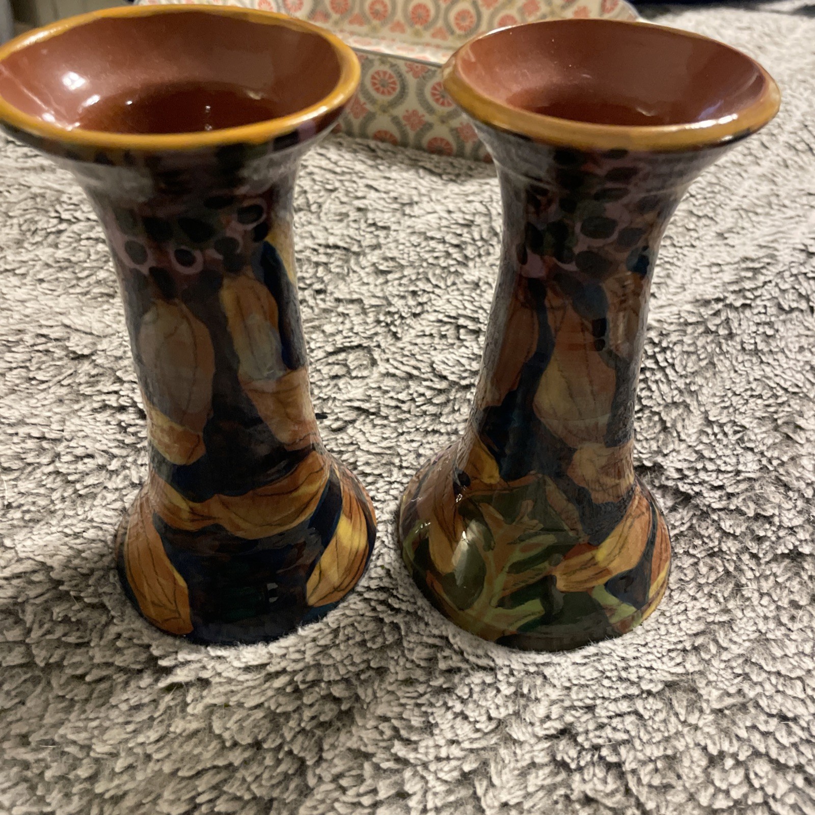 Two Hand Painted Vases/ Candle Holders Floral Pattern
