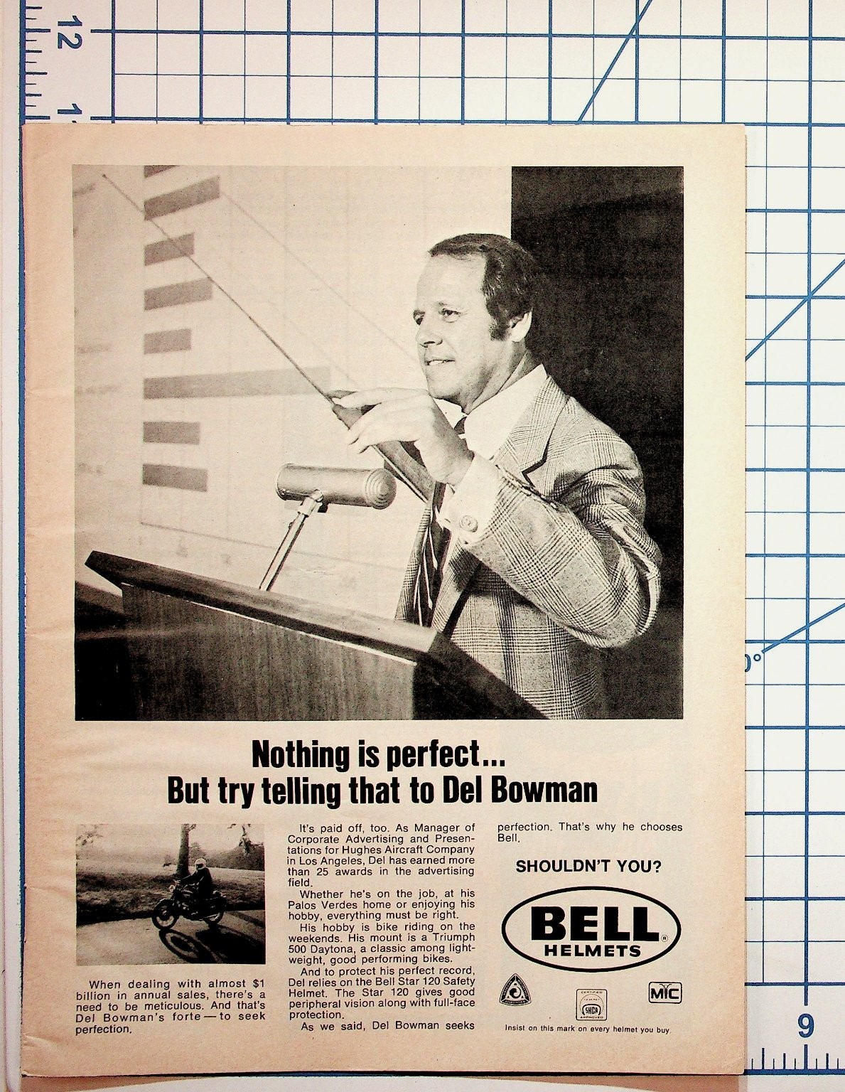 Bell Helmets Vintage Ad Del Bowman Hughes Aircraft Triumph Daytona