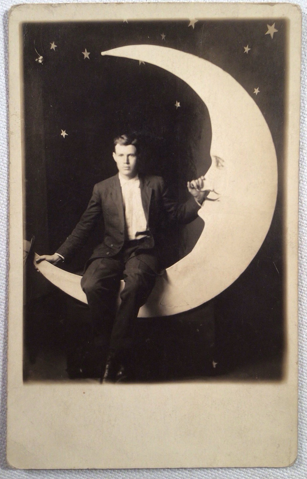1910’s Handsome Dapper Young Man On Paper Moon RPPC PHOTO Postcard Antique
