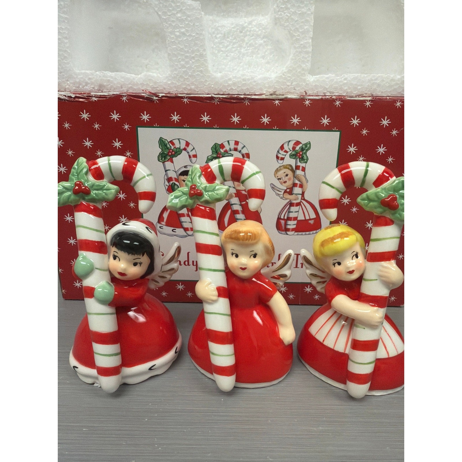 Candy Cane Girl Angel Trio Figurines Reproductions from Vermont Country Store Candy Cane Girl Angel Trio Figurines Reproductions from Vermont Country Store