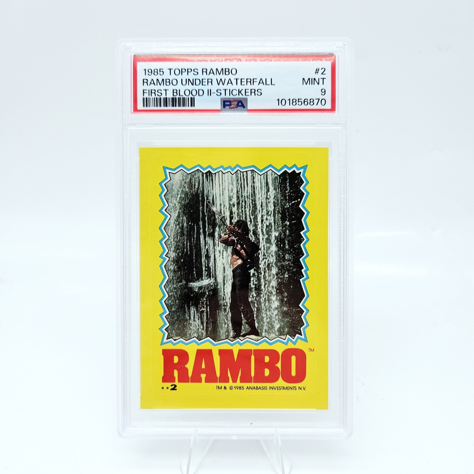 1985 Topps Rambo #2 Under Waterfall First Blood Sticker Stallone PSA 9