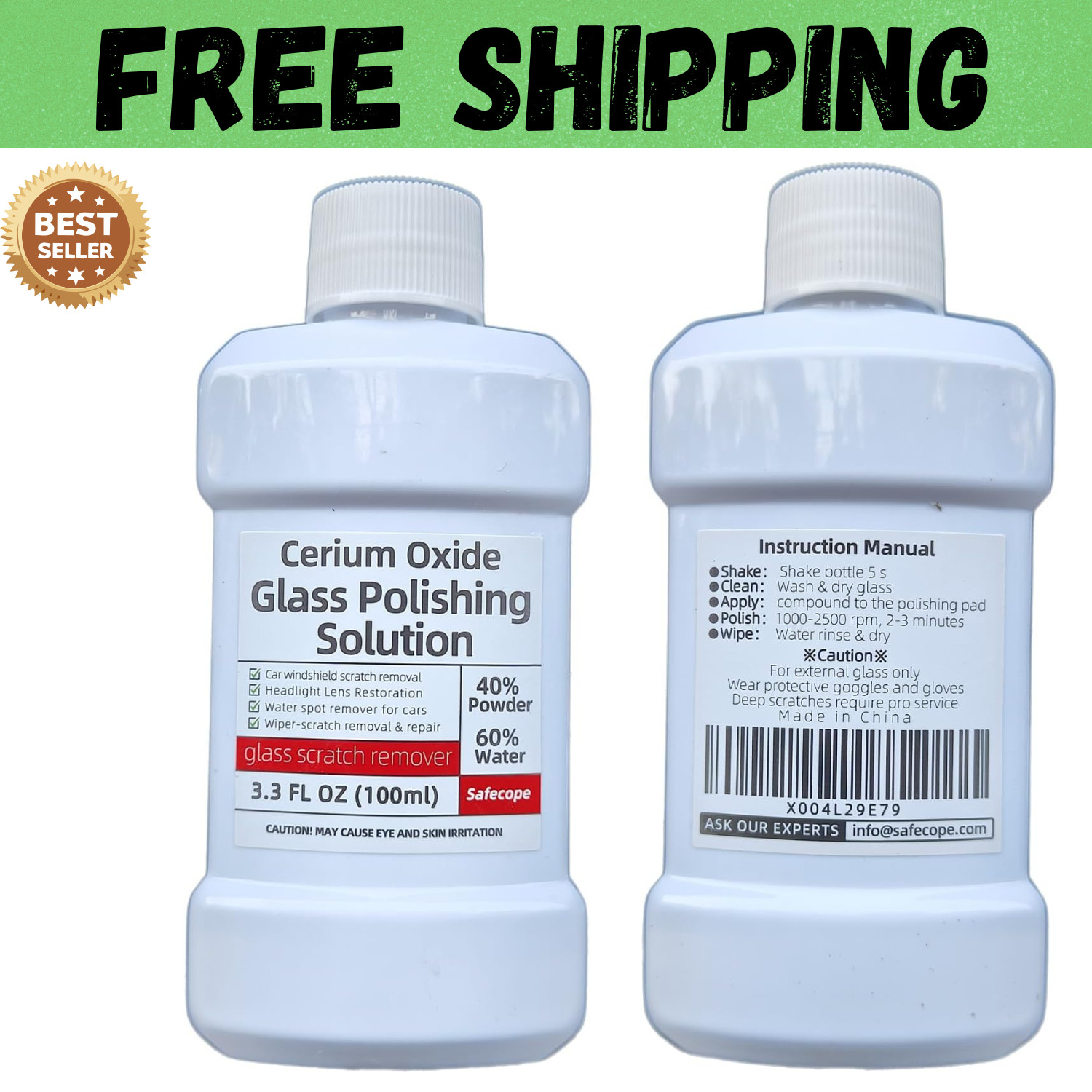 3.3oz (100ml) Cerium Oxide Glass Polishing Liquid – Deep Cleaning & Removes Wipe