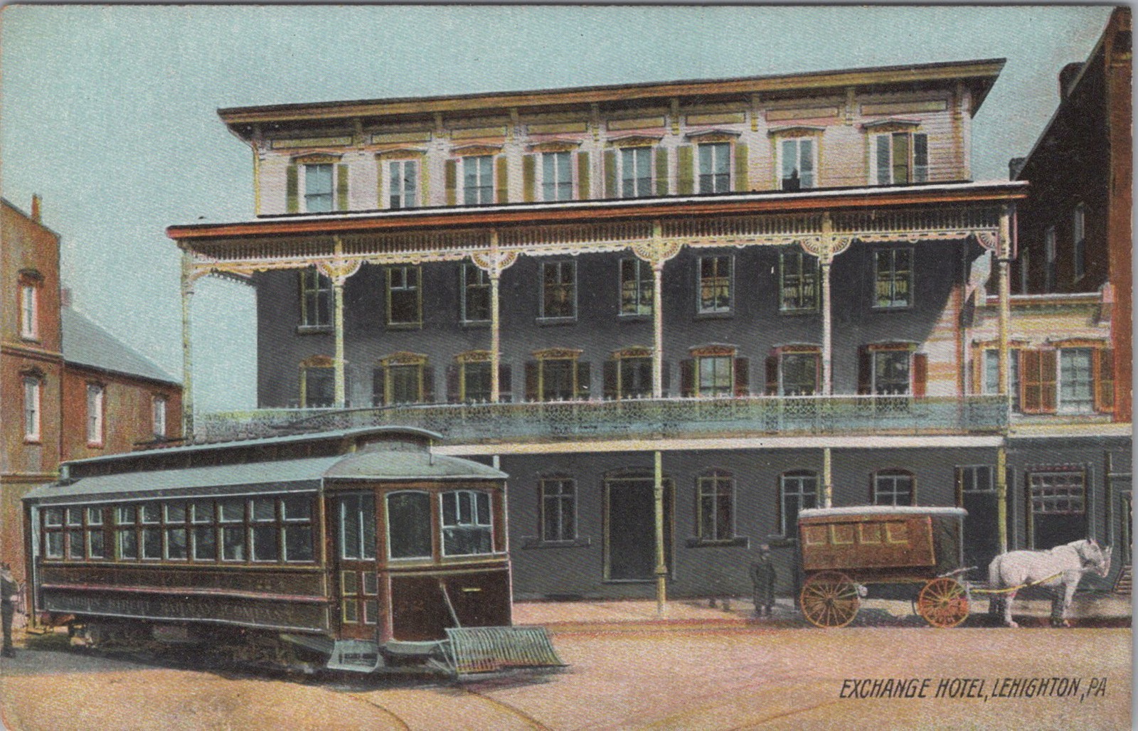 Exchange Hotel Lehighton PA 1910s Rotograph Street Railway Trolley Postcard