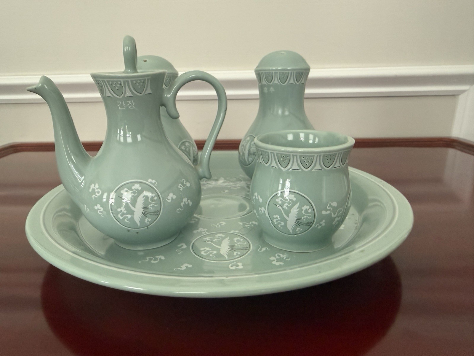 Vintage RARE Korean Authentic Haengnam Jade Green Celadon Condiment Set 5pcs-EUC