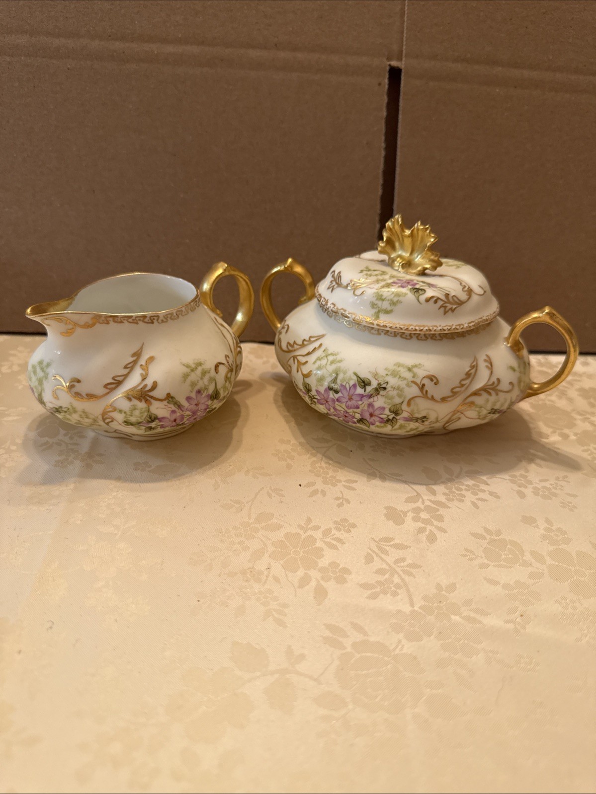 Porcelain Floral Creamer & Sugar Bowl Set w Lid, White Purple Green Gold