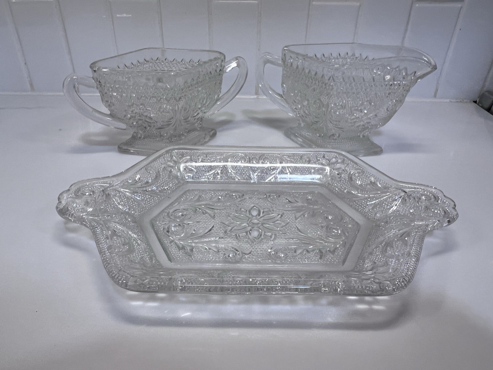 Vintage Indiana Sandwich Clear Diamond Shape Sugar Creamer And Tray