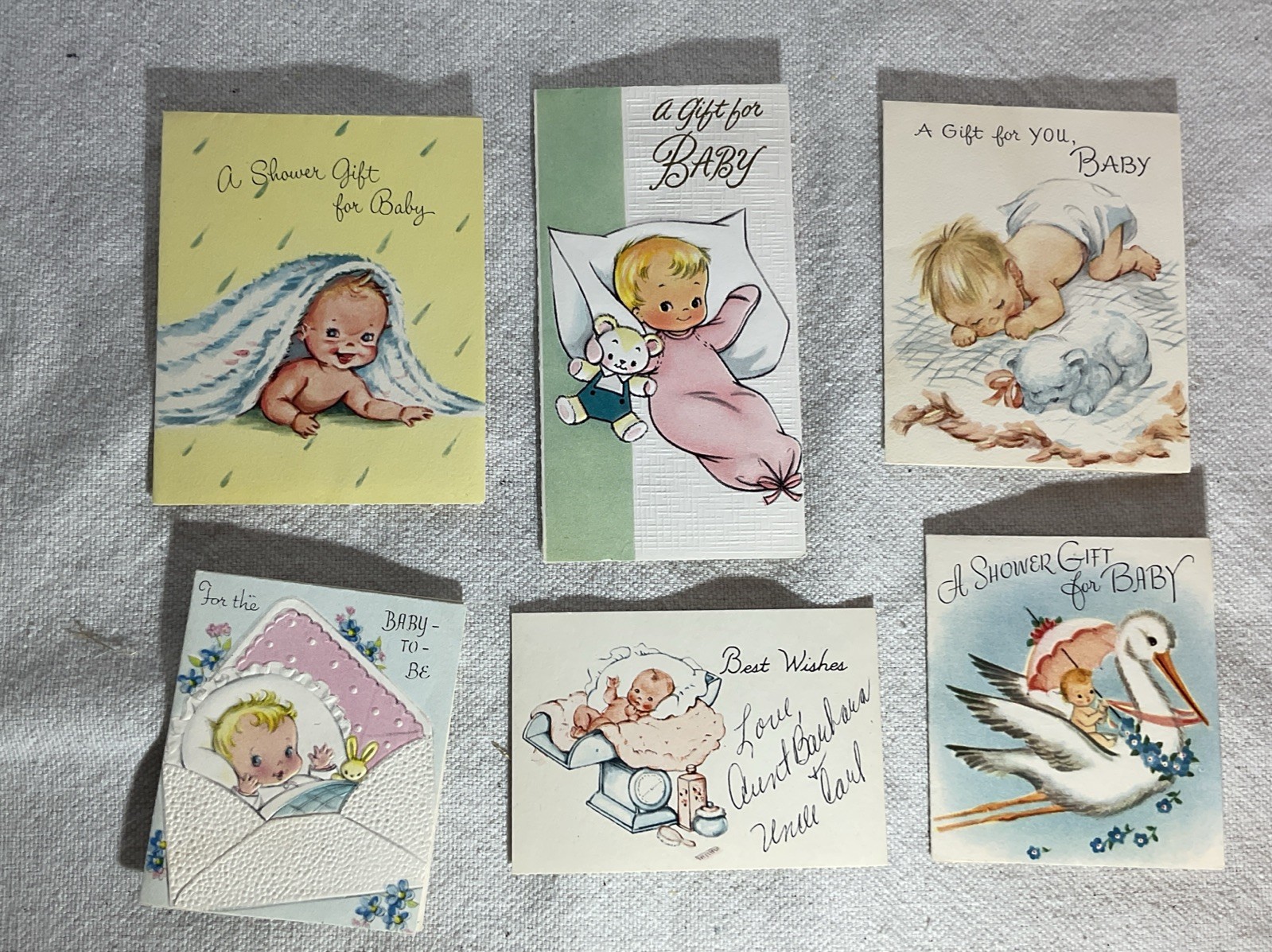 Vtg Six Baby Shower Greeting Cards Adorable Babies Stork  Teddy 1950’s Embossed