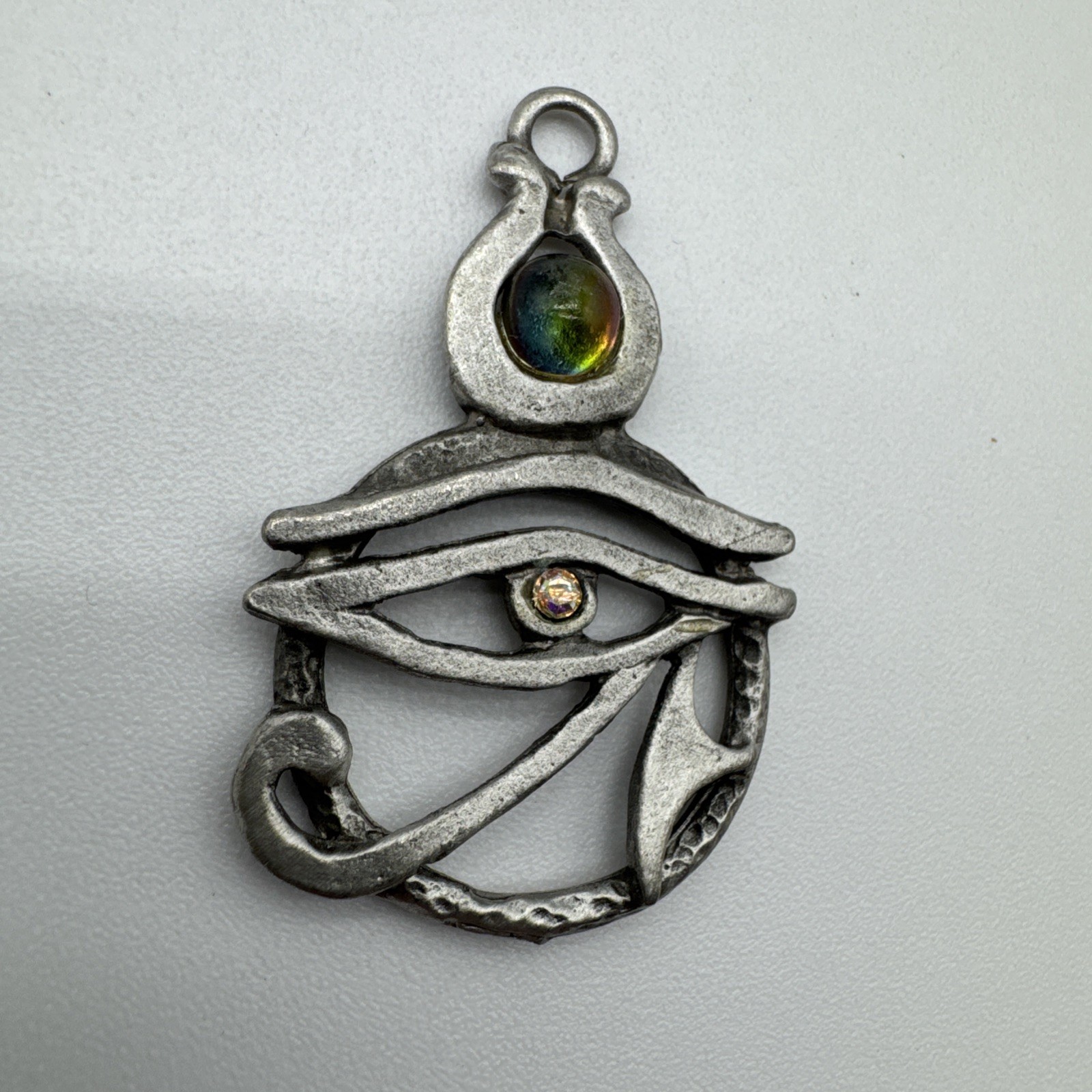 Vintage Gallo Pewter Eye Of Ra Pewter Necklace With Crystals Pendant Keychain 