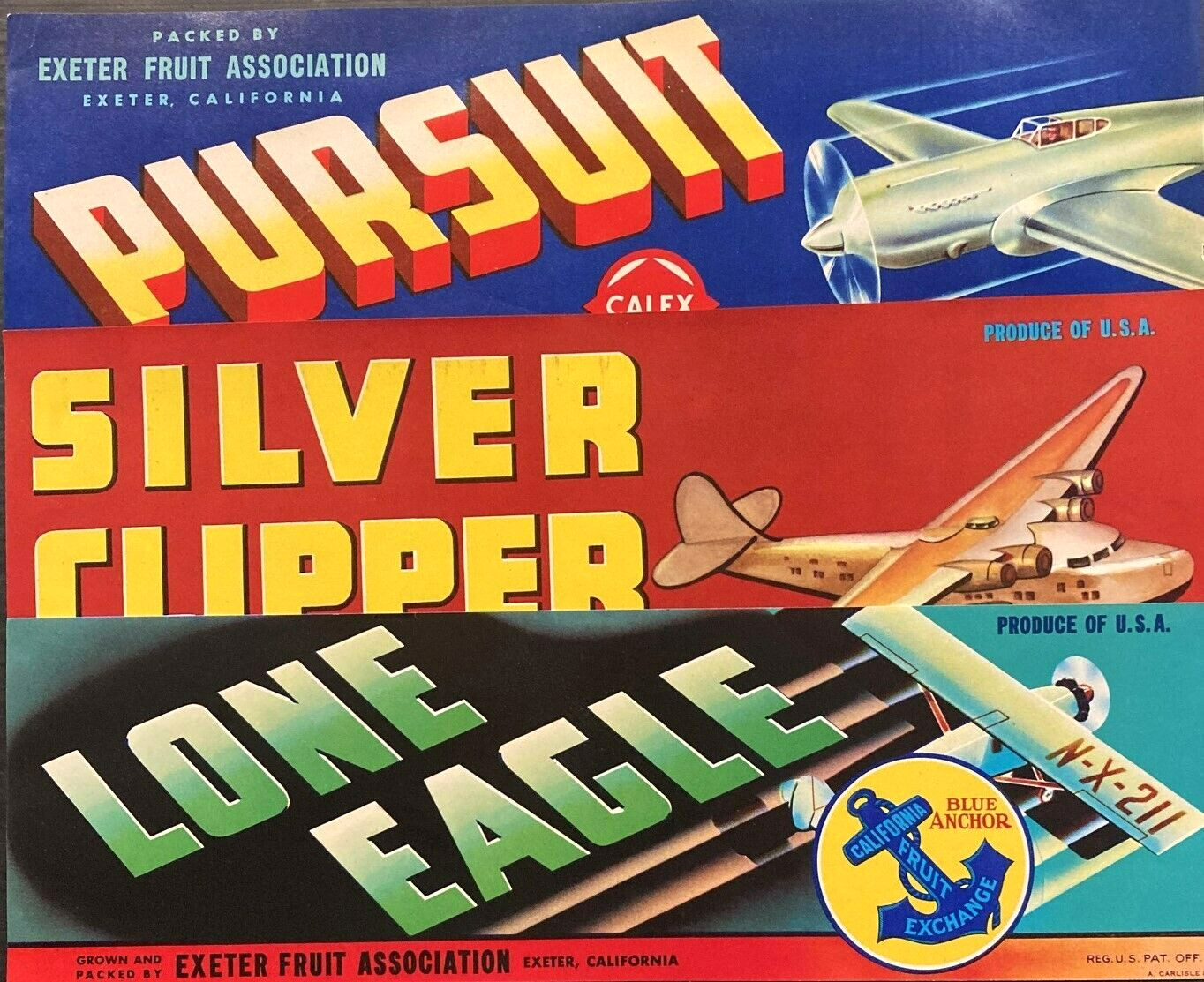 Lot of 3 1940s Airplane Crate Labels - Silver Clipper, Pursuit, Lone Eagle \ Lot of 3 1940s Airplane Crate Labels - Silver Clipper, Pursuit, Lone Eagle \