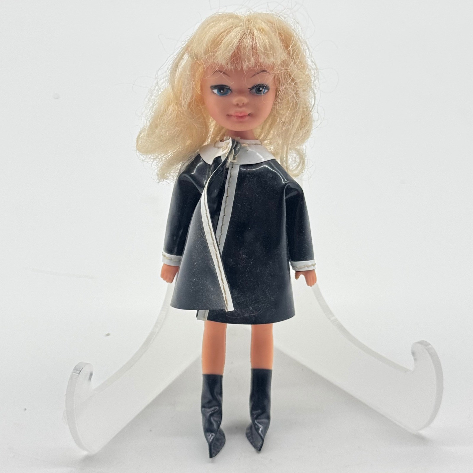 Vintage Tiny Teen Doll Blonde Mod Black Vinyl Coat Go-Go Boots 5.5 Inch Vintage Tiny Teen Doll Blonde Mod Black Vinyl Coat Go-Go Boots 5.5 Inch