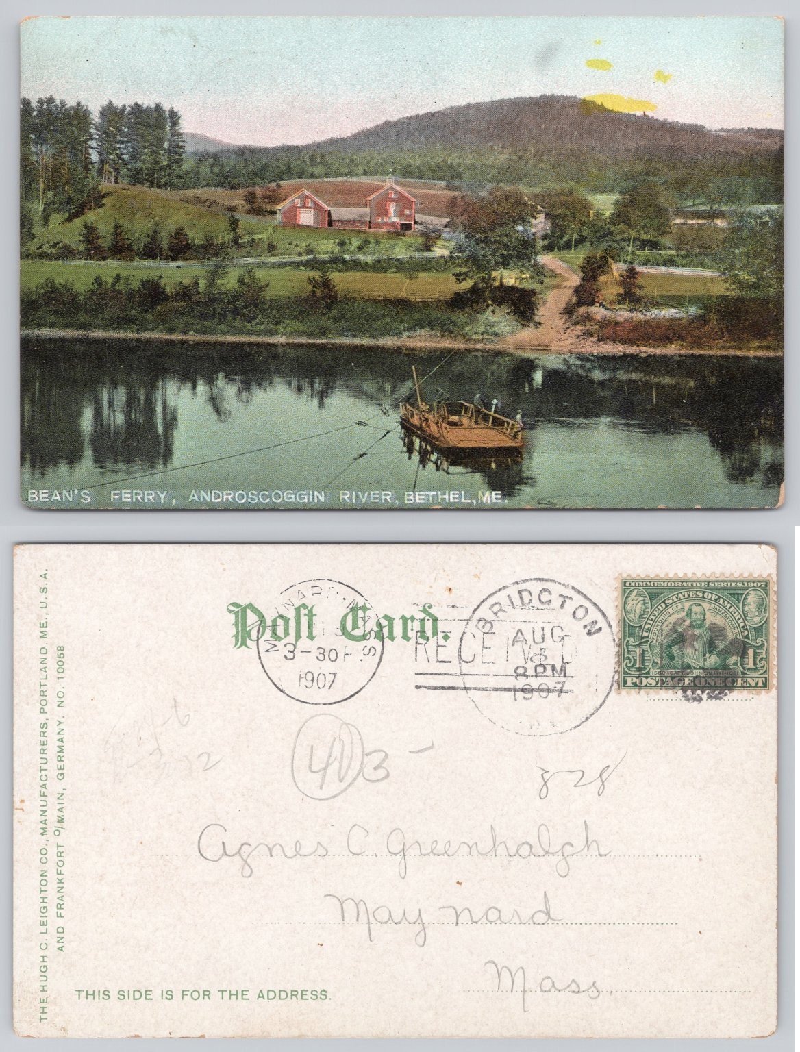 Bean's Ferry Androscoggin River Bethel Maine Postcard 1907 Hugh C. Leighton