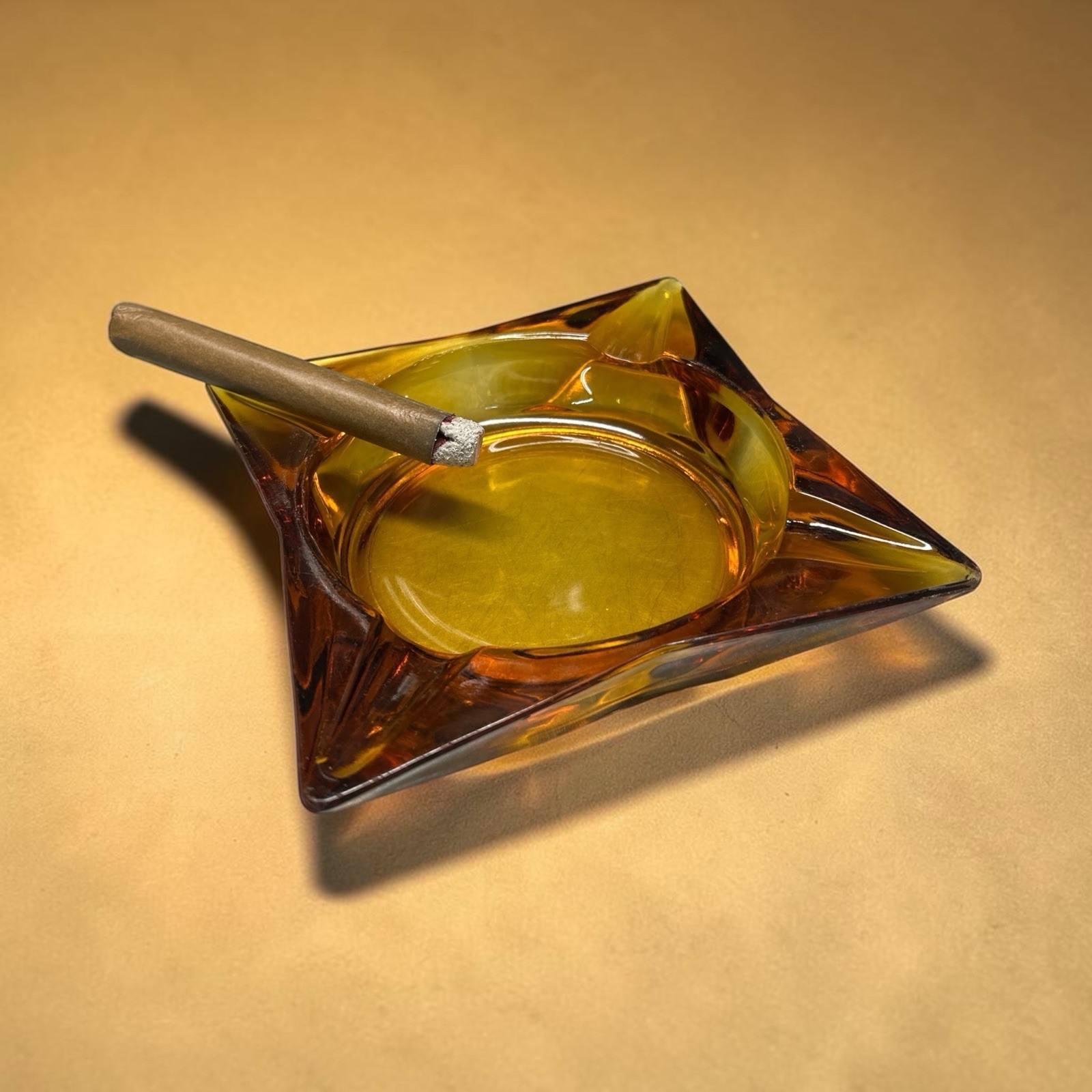 MCM Thick Amber Glass Cigar Ashtray 1960s Vintage 4 Slots READ
