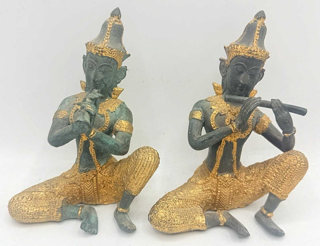 Set 2pc Vtg Bronze Gold Gilt Green Thai PRINCE MUSICIANS Flute Horn Figures Set 2pc Vtg Bronze Gold Gilt Green Thai PRINCE MUSICIANS Flute Horn Figures