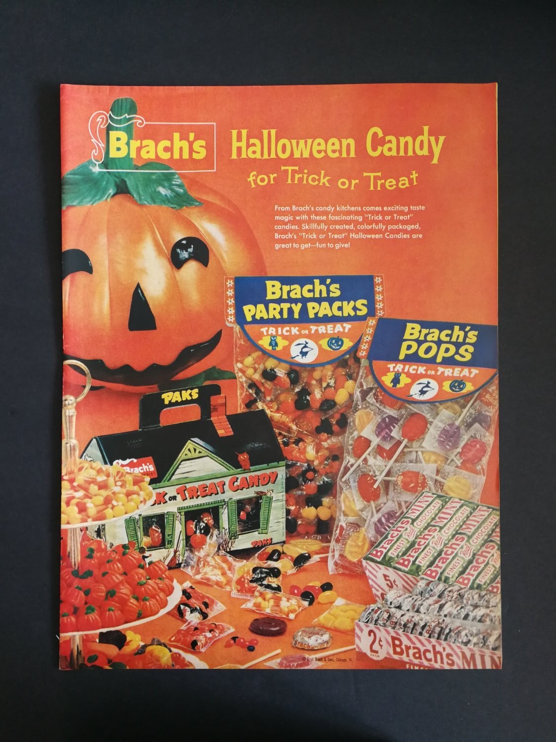 Vintage 1958 Brachs Halloween Candy Print Ad Jack O Lantern Trick or Treat