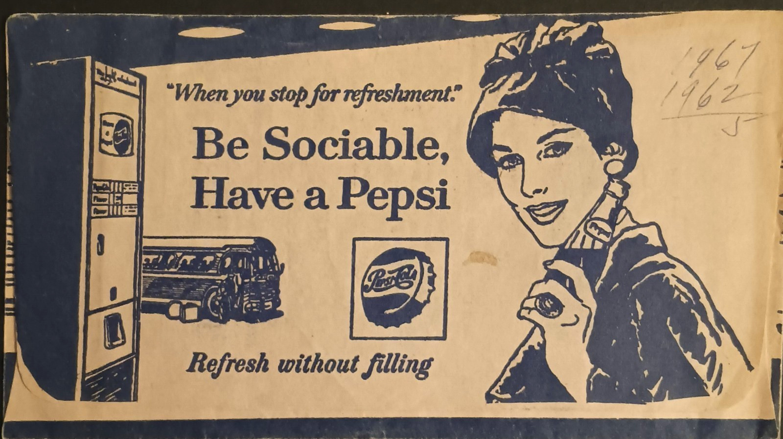 Vintage 1962 Pepsi Cola Advertisement on Greyhound Bus Ticket Envelope