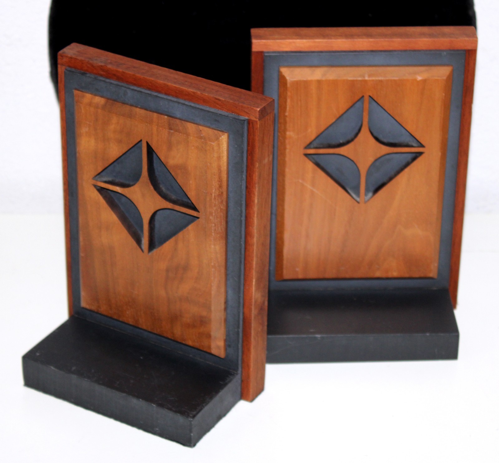 Harpswell House Bookends Wood Slate Diamond Carved Walnut MCM 7 lbs