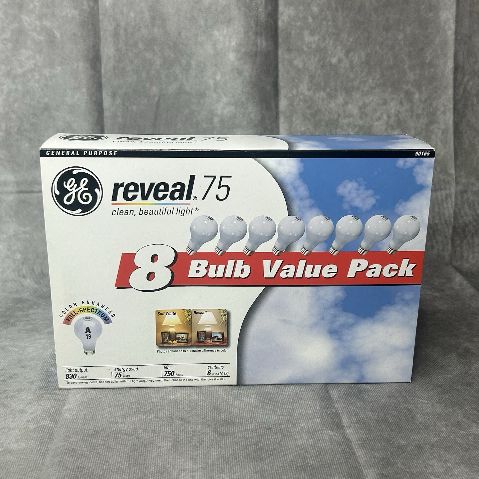 NOS 8 Pack GE Reveal 75 Watt A19 Light Bulbs 830 Lumens 90165 NOT LED NOS 8 Pack GE Reveal 75 Watt A19 Light Bulbs 830 Lumens 90165 NOT LED