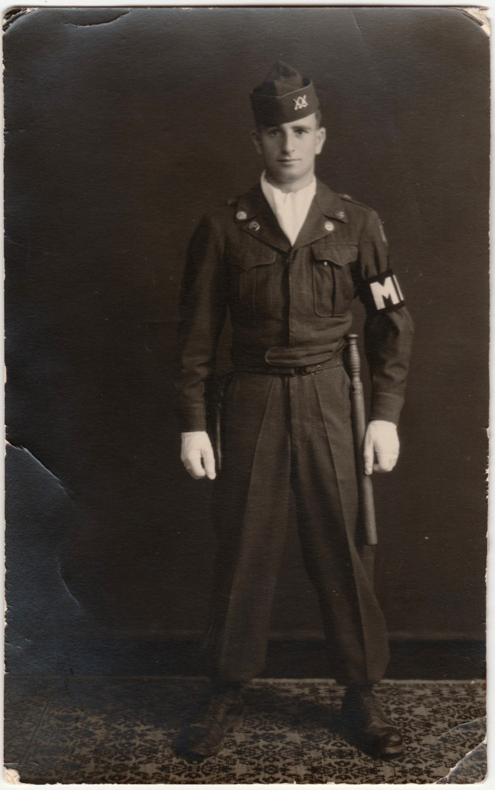 1948 US Army Military Police MP Korea Occupation Soldier Portrait Photo Baton