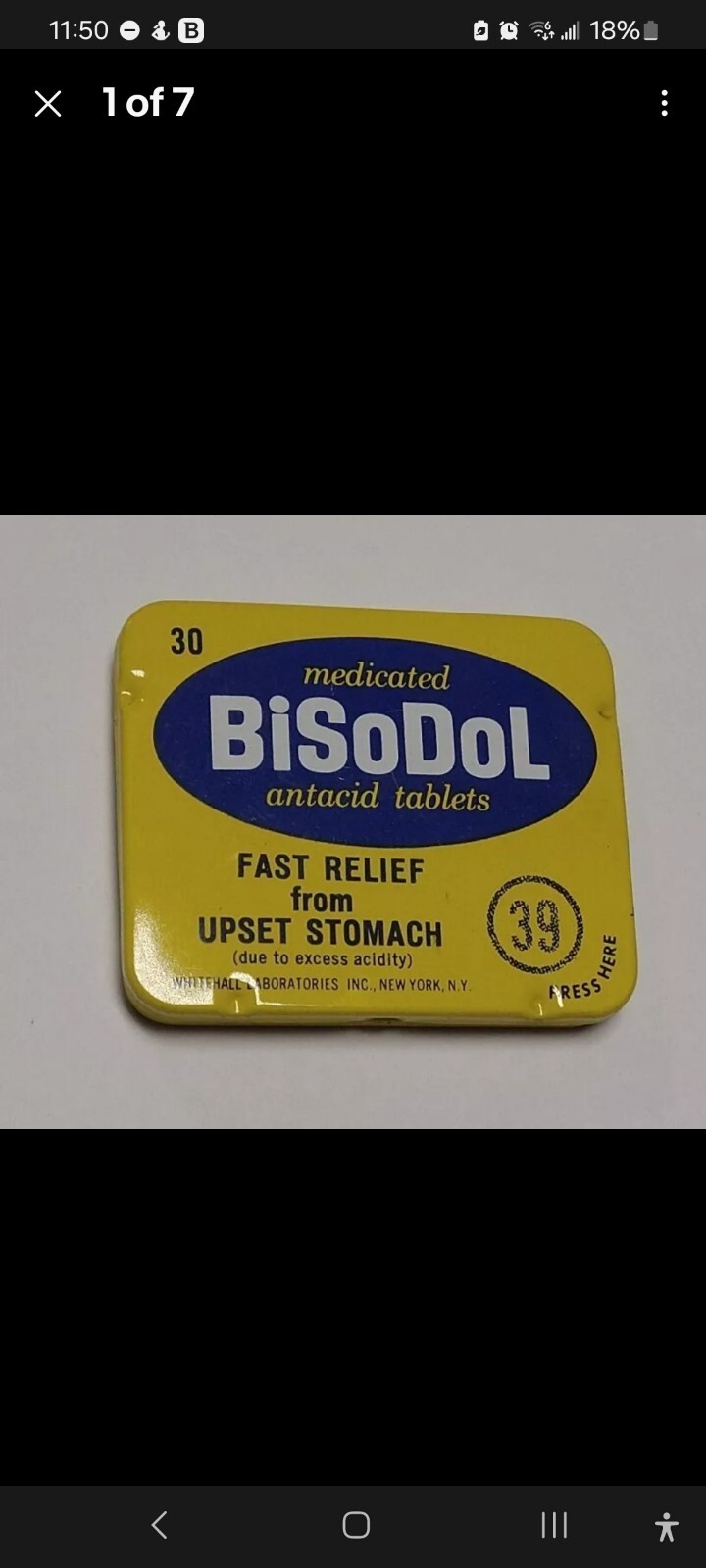  VINTAGE UNIQUE TIN BOX BiSoDoL UPSET STOMACH 25 TABLETS 