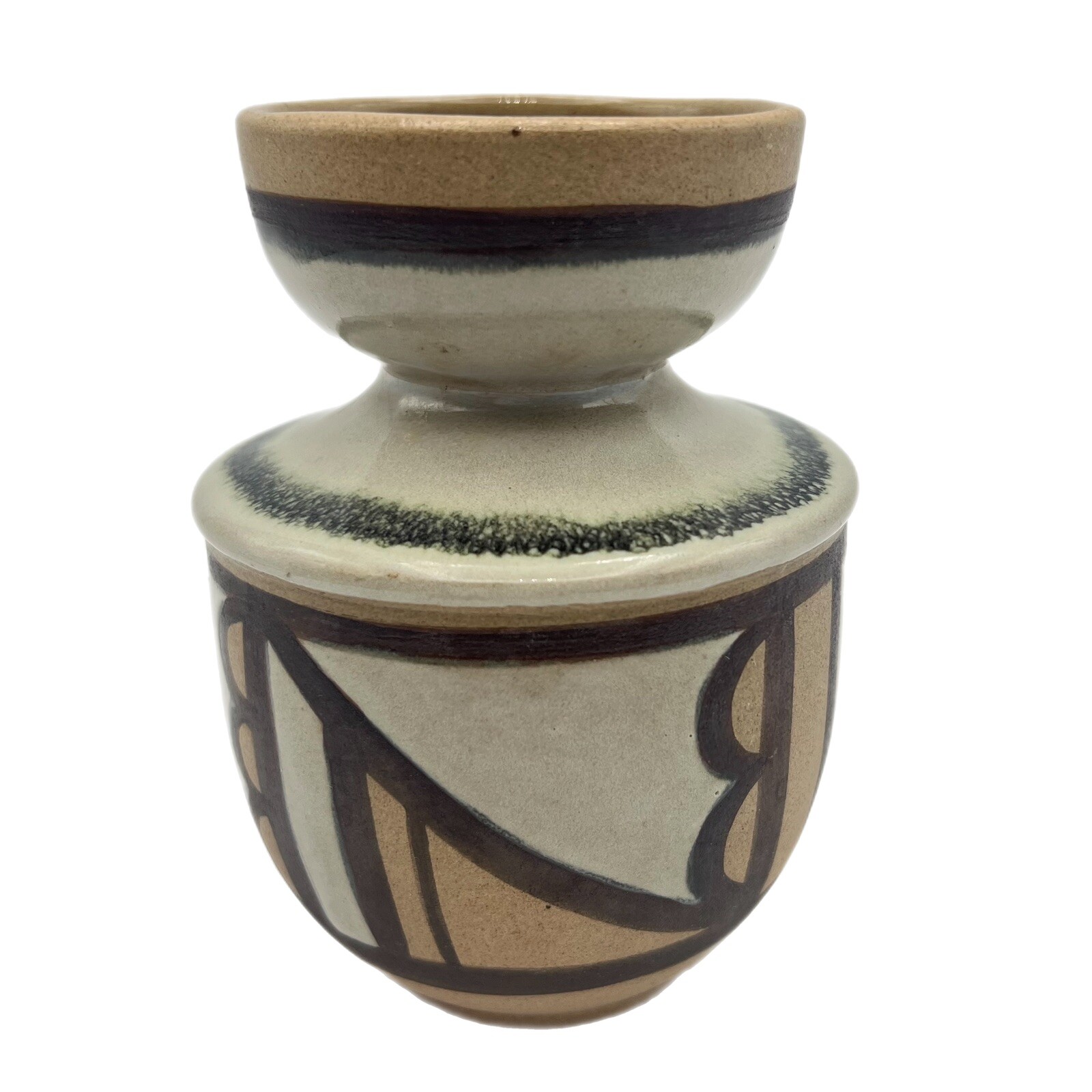 Brown MCM Geometric Brown Tan Pottery Vase Artist Signed 4 1/4