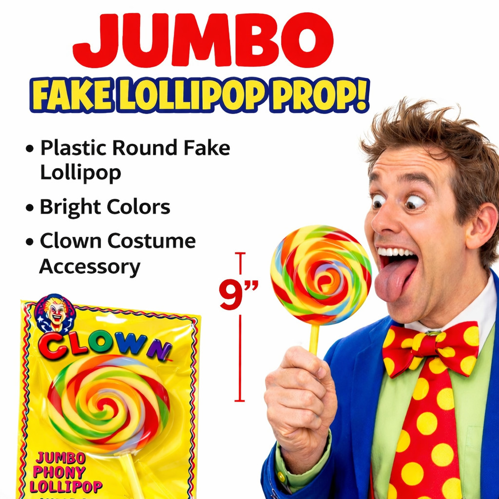 JUMBO PLASTIC FAKE LOLLIPOP 9” Clown Prop Wizard Of Oz Munchkin Costume Joke Big