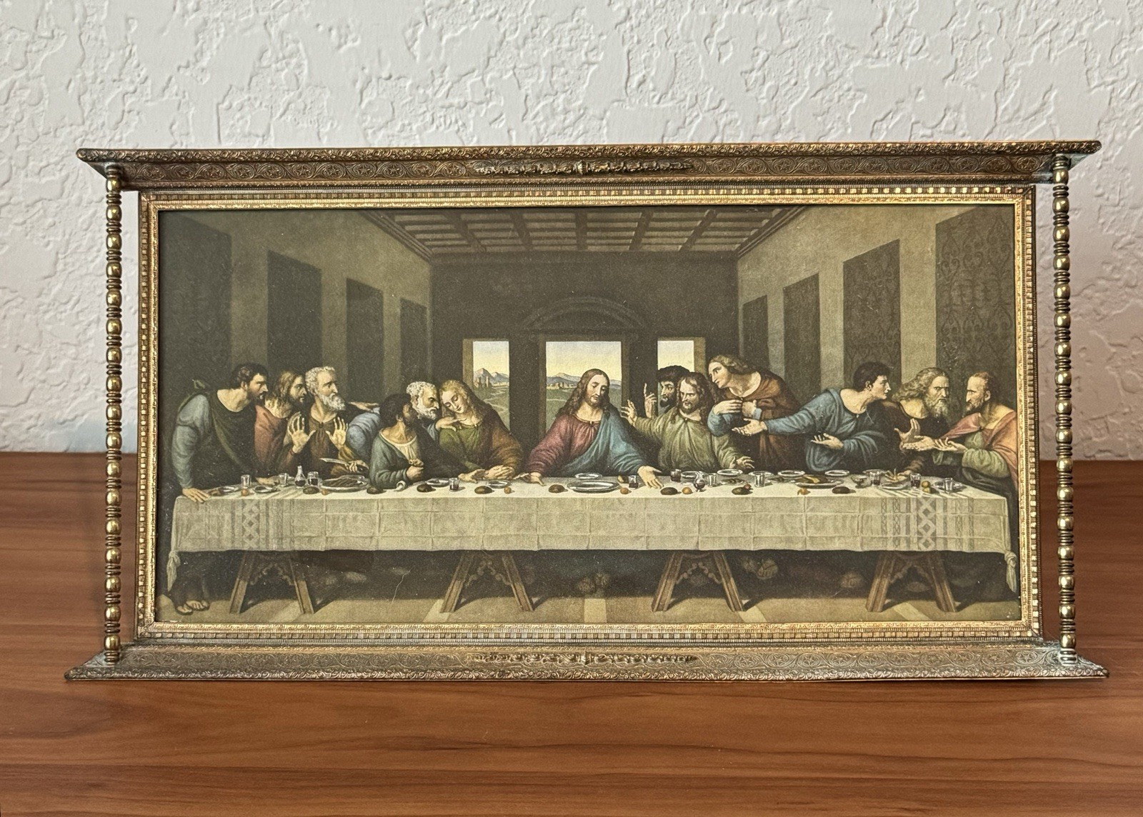 Antique Last Supper Framed Picture Jesus Disciples Art Deco Brass Copper RARE
