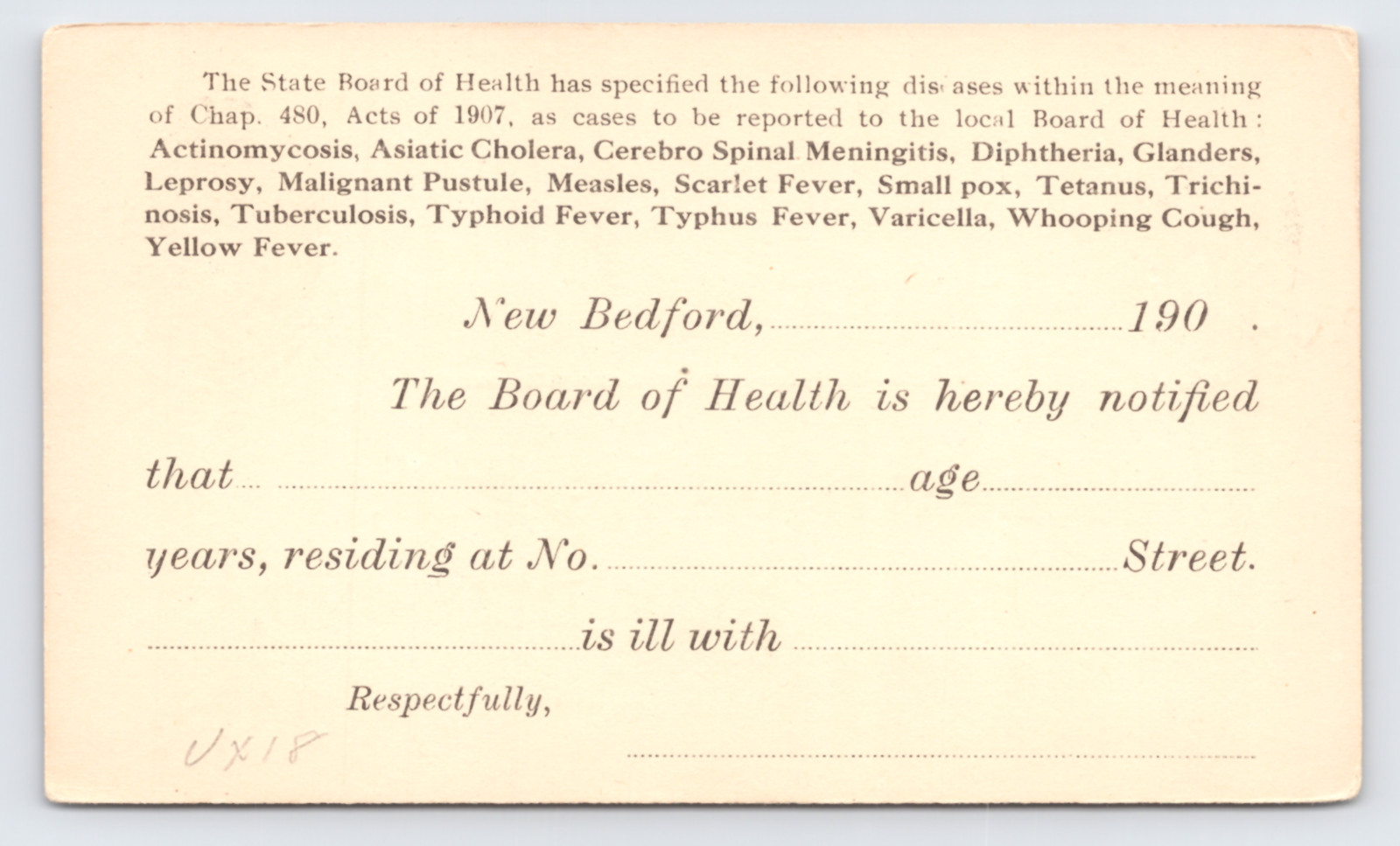 c1907 New Bedford Board of Health Disease Report Postal Card New Bedford MA